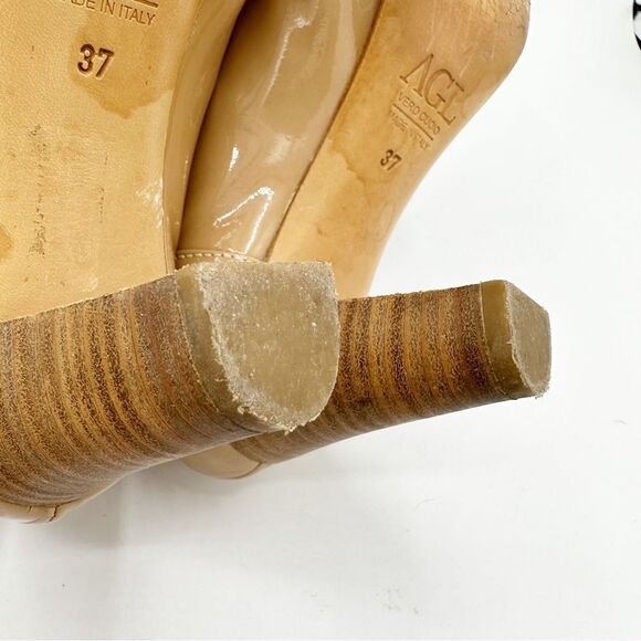 AGL Nude Patent Leather Flex Heels w/Cream Topstitching Sz 37 EU/6.5-7 US - Picture 12 of 14
